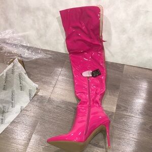London Rag Electric Neon Pink Over Knee Thigh High Boots with Stiletto Heel New